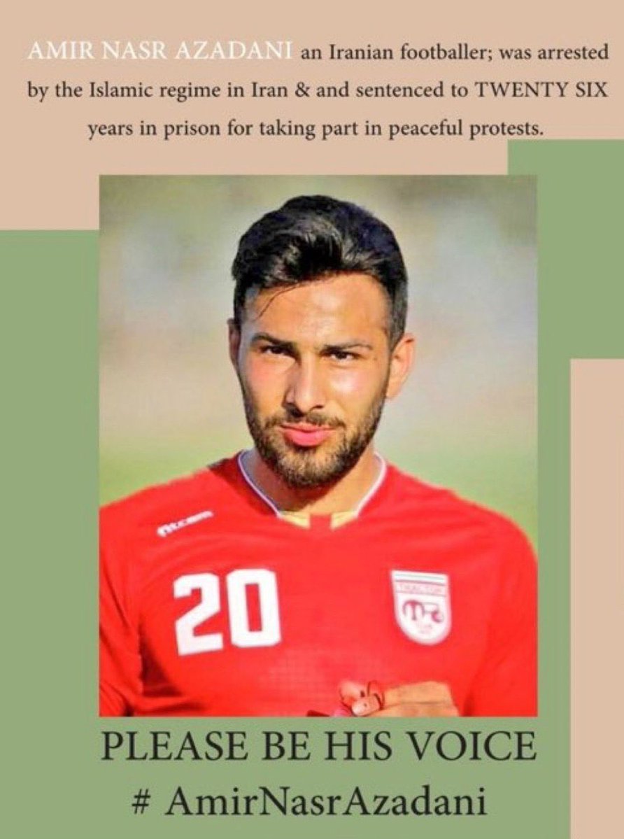 27-year-old Iranian football player,
#AmirNasrAzadani, has been sentenced to 26 years in prison by the Islamic regime in Iran for participating in peaceful protests.

Please be his voice and urge the regime to release him immediately.

#AsianCup2023
#امیر_نصرآزادانی