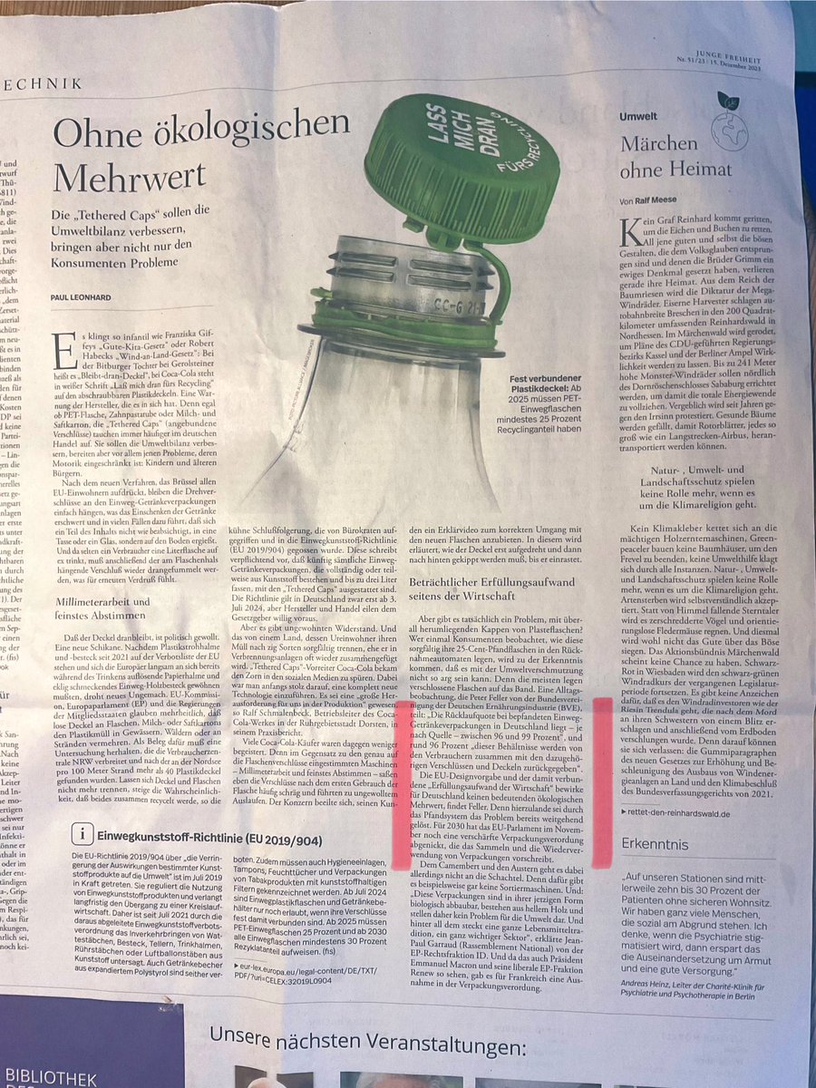 ergroovt's tweet photo. Verfluchen Sie auch diese Verschlüsse, die neuerdings an den Flaschen und TetraPaks hängen?
EU-Richtlinie zu „Tethered Caps“, gültig ab 03.07.2024:
„Als Beleg dafür muß eine Untersuchung herhalten, die die Verbraucherzentrale NRW verbreitet und nach der an der Nordsee pro 100 Meter Strand mehr als 40(!) Plastikdeckel gefunden wurden.“
Einen Monat vor Inkrafttreten sind endlich korrigierende #EUWahlen2024
https://t.co/S2XRHIQDeG