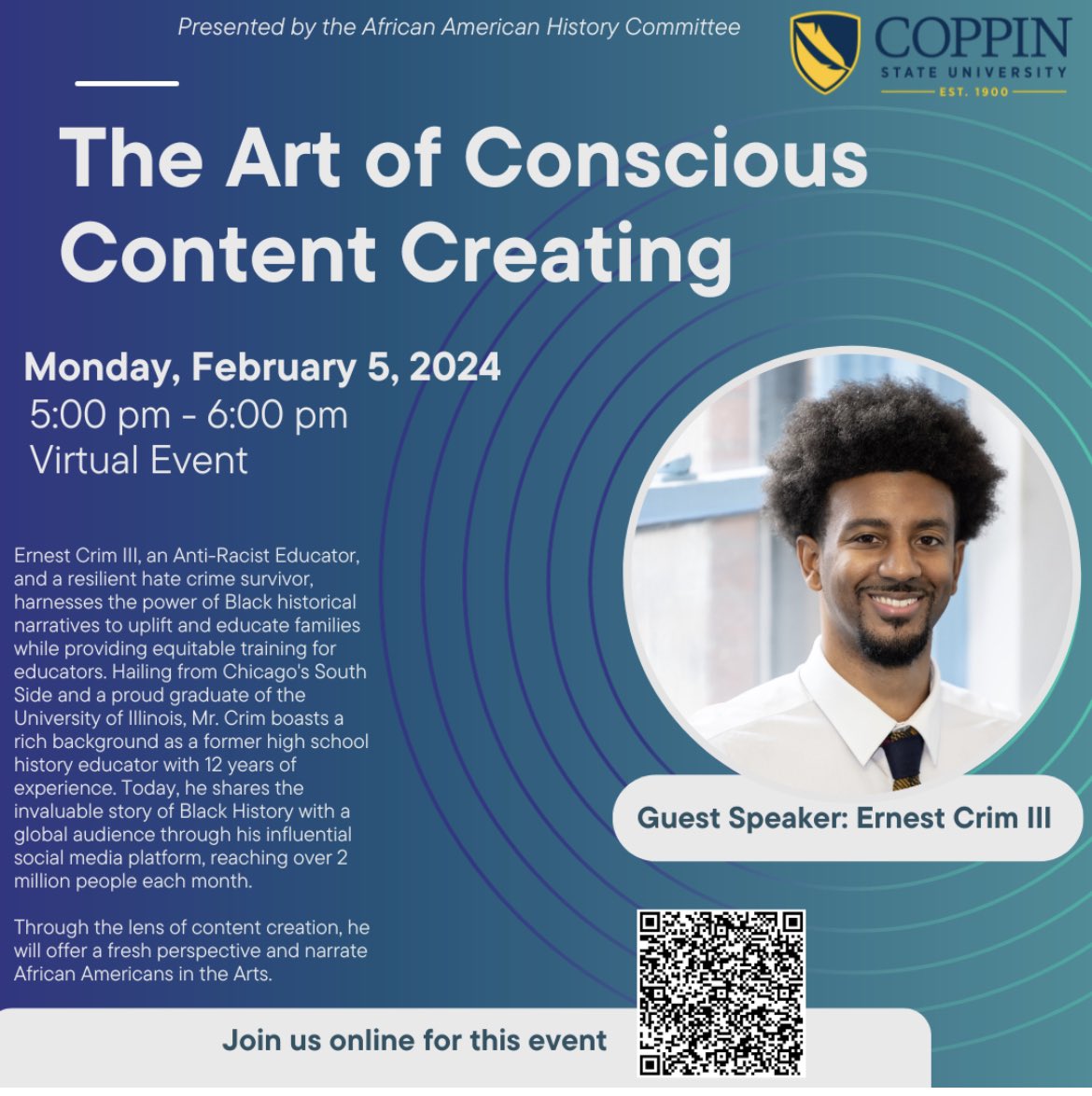 SavoySocialite's tweet photo. Join us at Coppin State University as content creator Ernest Crim provides a narration on the contributions of African Americans to the arts. 🎨🎭 Don’t miss this enlightening narration! Follow for updates: https://t.co/lqI9svbMyY #CoppinStateUniversity #BlackHistoryMonth https://t.co/ti56rdLSXM