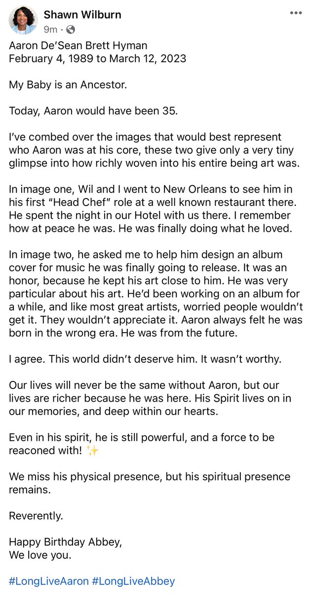 LSplaneWilburn's tweet photo. Today, my Baby would have been 35.
Aaron De’Sean Brett Hyman
February 4, 1989 to March 12, 2023
#LongLiveAaron #LongLiveAbbey https://t.co/FjQ7g53kdX