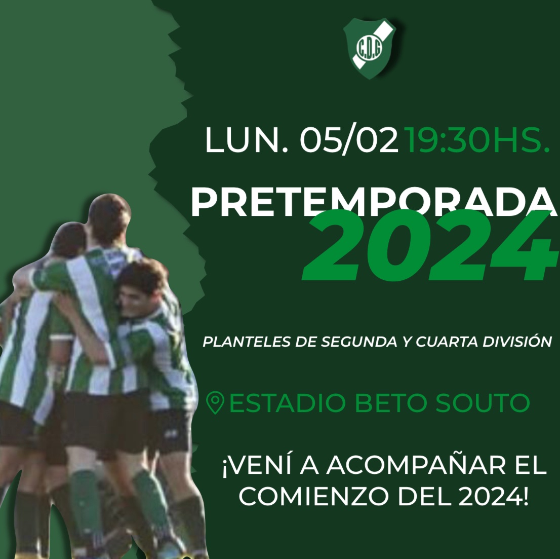 ClubGarmense's tweet photo. El Club convoca a  jugadores de segunda y cuarta división el lunes 5/2, a las 19:30 hs, en el Estadio Beto Souto para comenzar con los entrenamientos de cara al inicio de esta temporada. 
Invitamos a socios, hinchas y simpatizantes a presenciar la práctica 🫂🇳🇬

#DaleVerde https://t.co/uf47ONCFiA