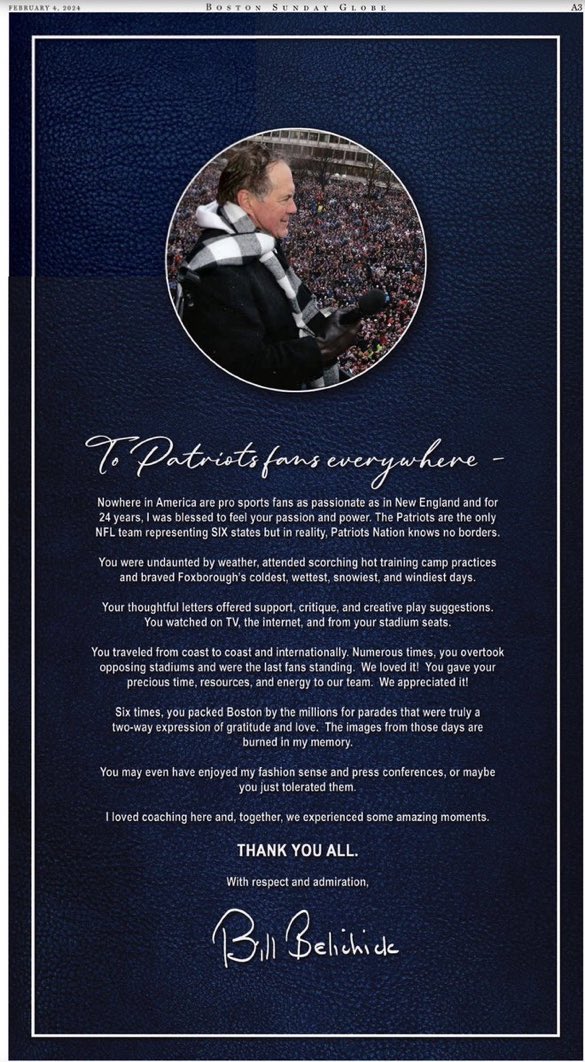 Incredible: Bill Belichick took out a full page add in the Boston Globe today thanking all the Patriots fans for 24 years. “No where in America are pro sports fans as passionate as in New England and for 24 years, I was blessed to feel your passion and power” THANK YOU…