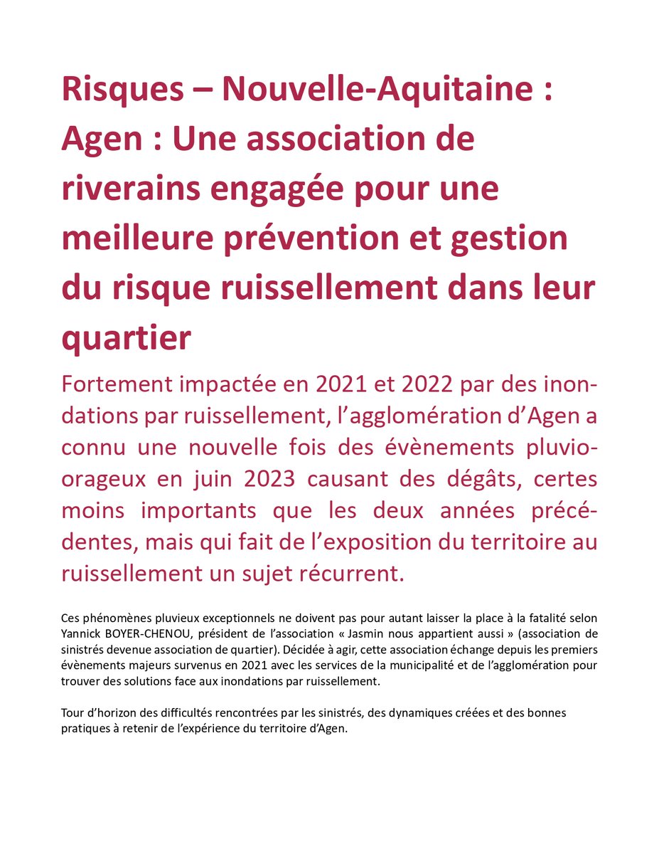 asso_jnaa's tweet photo. Un récent article de l'ORRNA (Observatoire Régional des Risques Nouvelle Aquitaine) revient sur l'engagement de @asso_jnaa face au risque #inondations par ruissellement @villeagen #culturedurisque article complet ➡️https://t.co/5EW4K0ivF6 https://t.co/CrdnuXkwdF