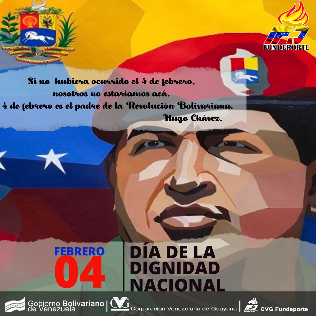 #04feb🇻🇪| Se conmemora el Día de la Dignidad Nacional, fecha en el comandante Hugo Chávez lideró la Rebelión Cívico-Militar que revindicó al pueblo venezolano e inició el camino hacia la independencia y soberanía venezolana.

#4FRevoluciónPatriótica