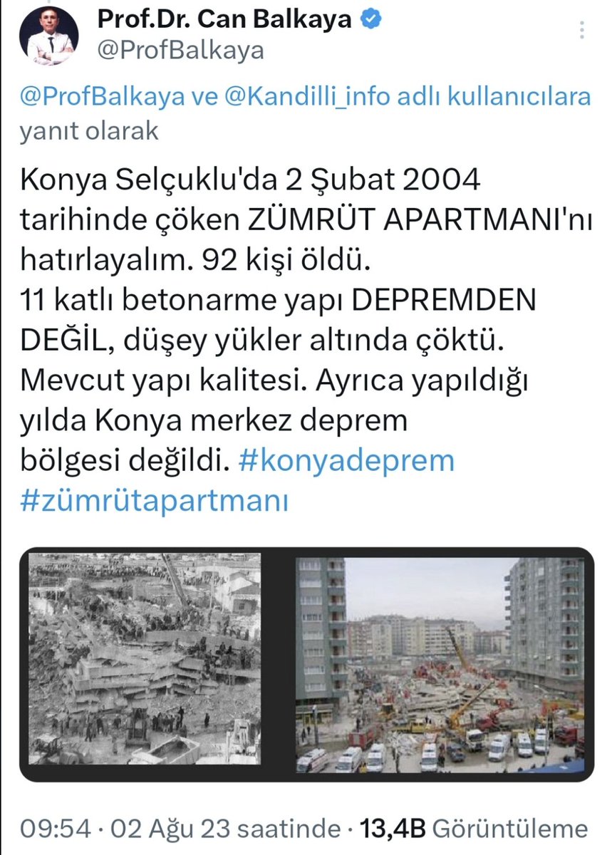 ProfBalkaya's tweet photo. 2 Şubat 2004 de Konya Selçuklu'da çöken ZÜMRÜT APARTMANI'nda 92 kişi vefat etti.  Tam 20 yıl geçti. Bina düşey yüklerden çöktü. Depremden bile değil.  UNUTMAYALIM. https://t.co/HrbDrlsBK1