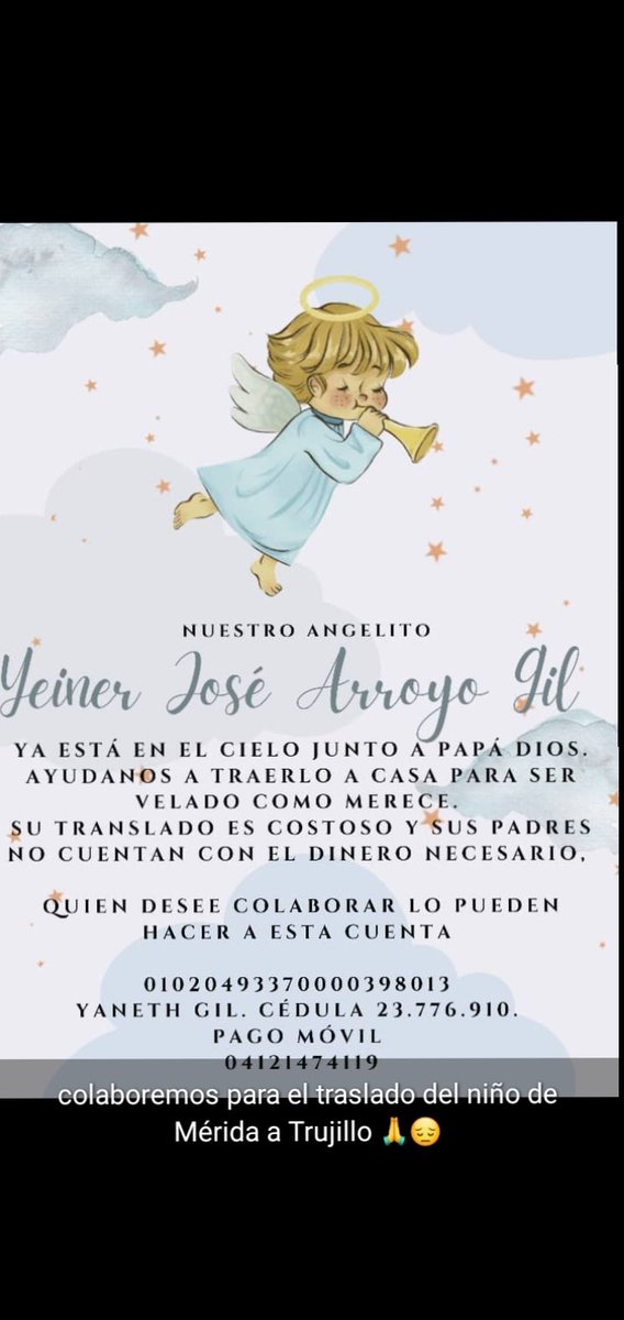 raymar_maria's tweet photo. Quienes puedan colaborar con los padres del niño Yeiner para trasladar su cuerpo de Merida a trujillo y darle sepultura dios se los multiplique sino sólo con un compartir es suficiente,gracias https://t.co/VC1jH9maWT