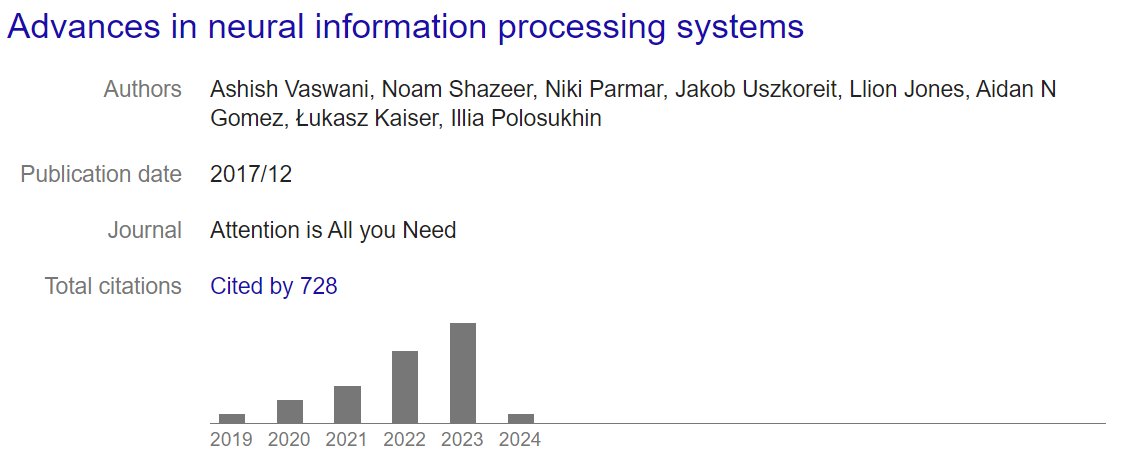 Hugo007600's tweet photo. Attention is all you need is so prolific that there are 728 citations confusing the paper title and the journal 🧐 https://t.co/ftIhMtkUgU