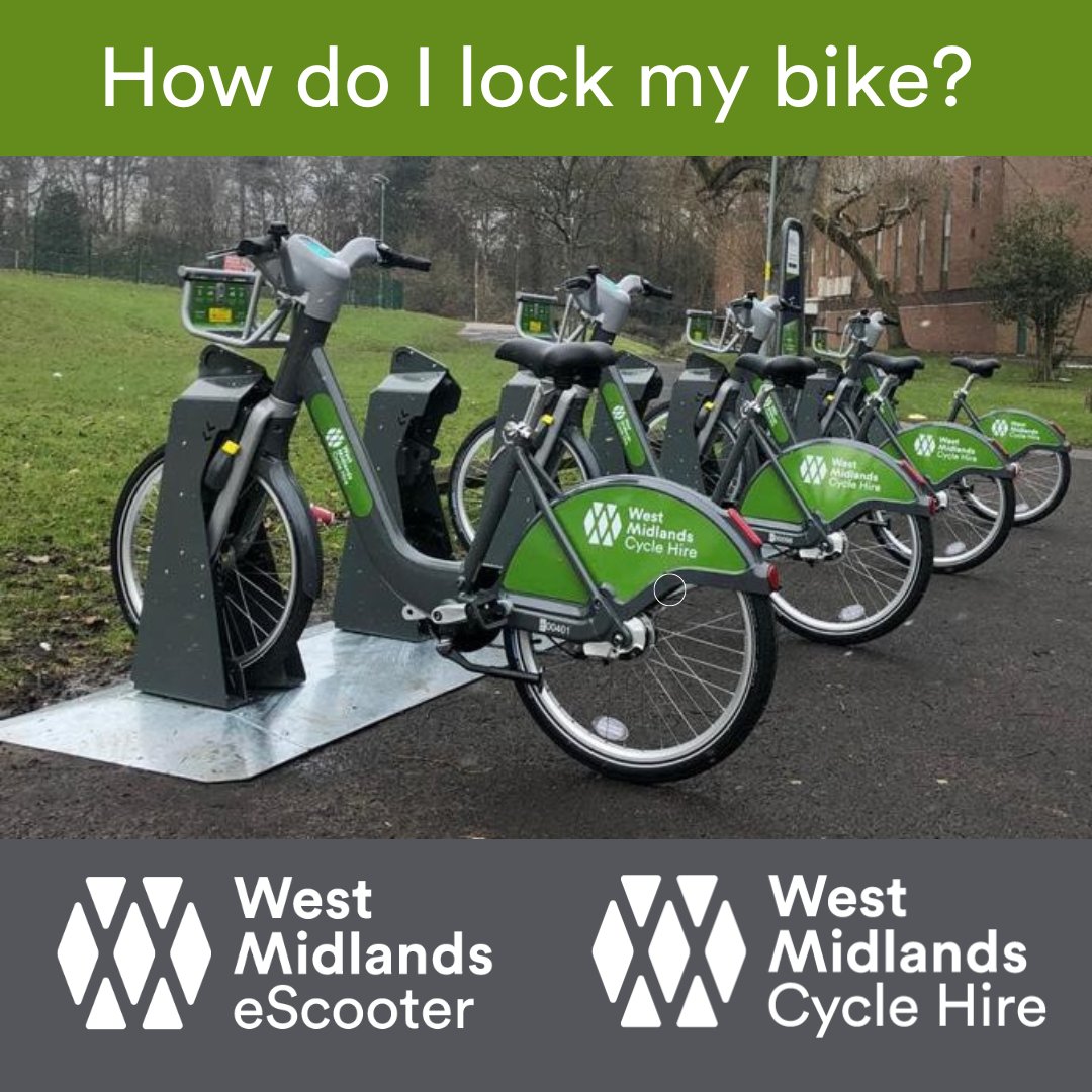 How to lock your bike at the end of your journey. 

See our guide: How do I lock my bike? | West Midlands Cycle Hire Help Center (bit.ly/47Rzhwv)  #cyclelife #ridesafe #roadcycling #cyclehire #ecotravel #roadcycling #ebike