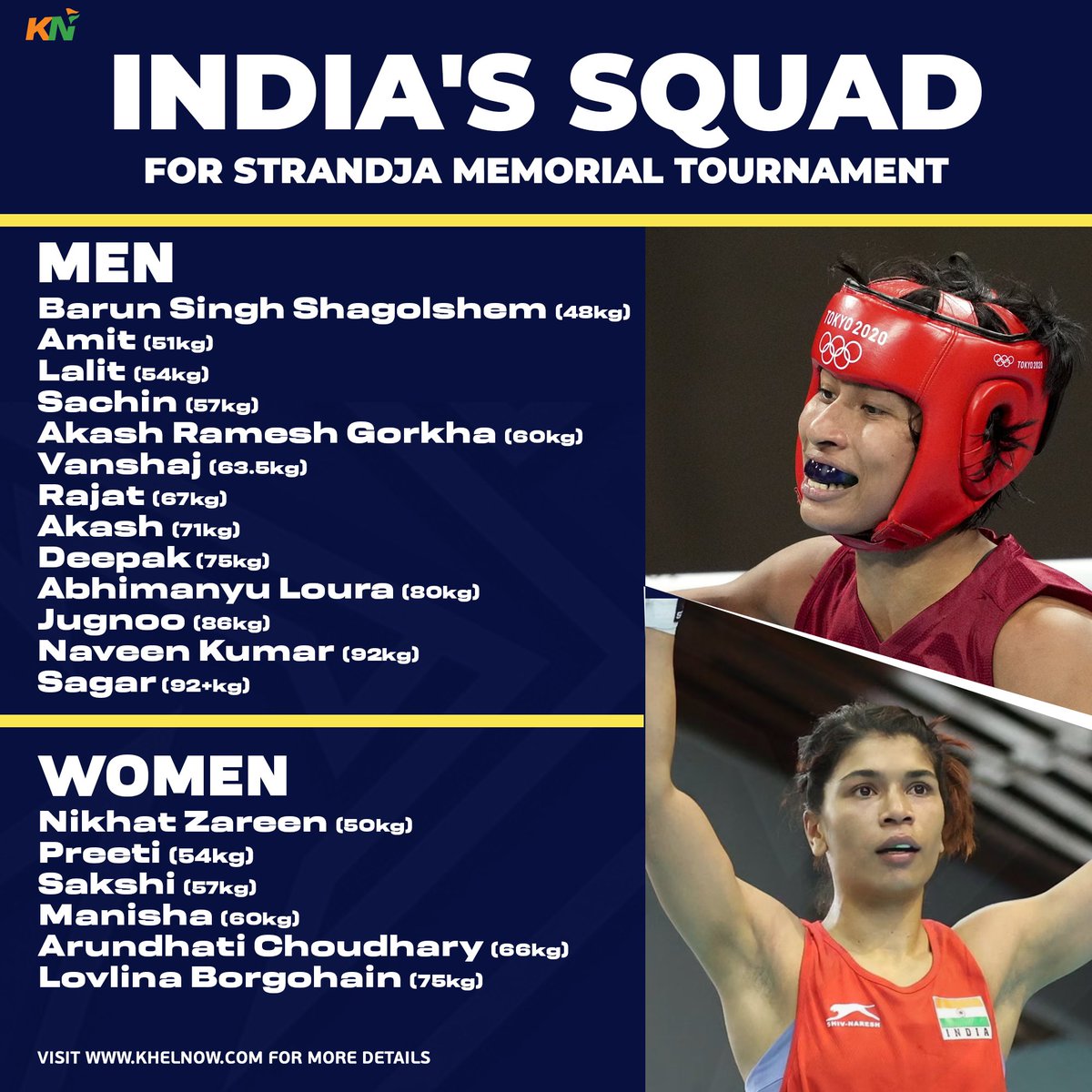 KhelNow's tweet photo. India's squad for 75th Strandja Memorial Tournament!! 🇮🇳🥊

World champions Lovlina Borgohain and Nikhat Zareen will lead the contingent in Sofia, Bulgaria!

#Boxing #StrandjaMemorial https://t.co/44fwTnZxyp