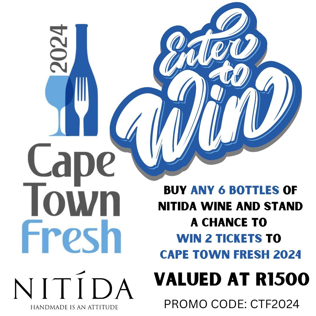 NitidaWine's tweet photo. WIN 2 TICKETS TO #CAPETOWNFRESH.

Order any 6 bottles of Nitida wine and stand a chance to win!
Prizes will be drawn on 28 Feb
Make sure to use the code CTF2024 when you place your order online.
Unlimited entries.

@vinimarkwine @durbanvillewine 
#FRESH2024 #nitidawineestate https://t.co/miSf3Sp37n