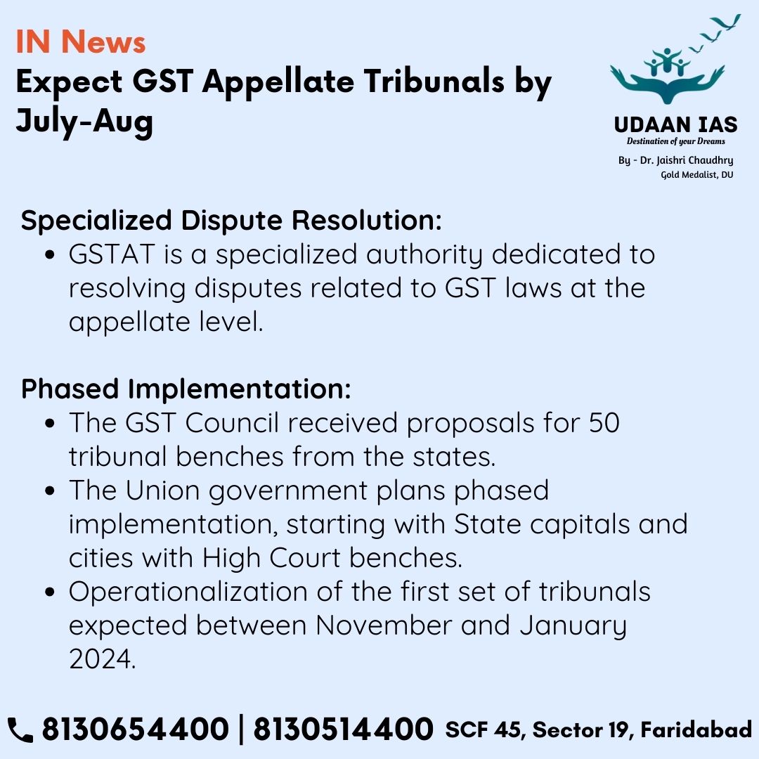 udaan_ias's tweet photo. Expect GST Appellate Tribunals by July-Aug #ias #ips #upsc #hcs #HAS #HPSC #HPPSC #CSIR #SO #ASO #UPPSC #DSSB #IB https://t.co/fgowGxTIx9