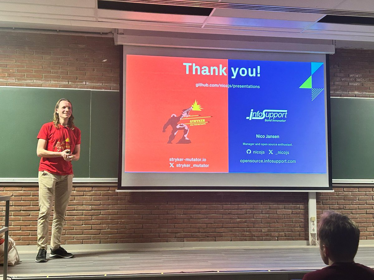 Some pics from my #fosdem yesterday about mutation testing with StrykerJS. It was awesome, thanks to everyone who joined and watched online ❤️