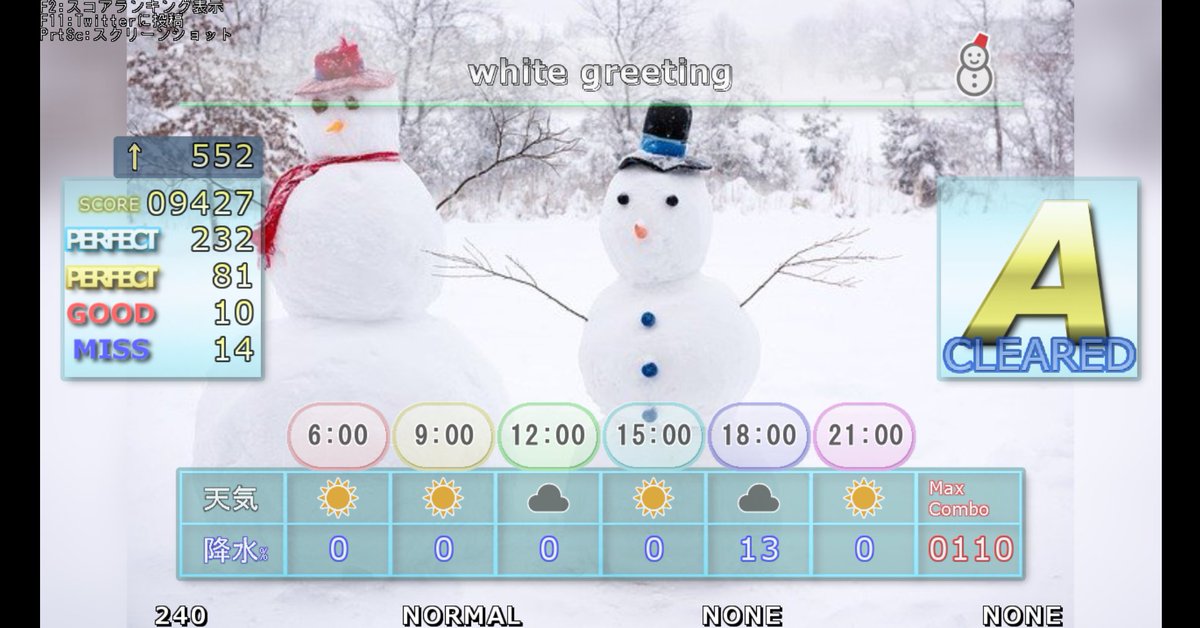 ju_llim's tweet photo. 굿굿
white greeting(雪)で9427点、AランクでCLEARED!!
#natureprhysm
https://t.co/WR5l343783 https://t.co/yIWNxesKcn