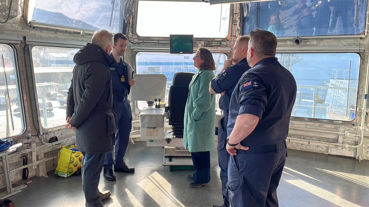 AFPS visit by Baroness Evans, Rob Butler MP and Commodore Eagles being shown the Bridge and Rasco areas of RFA Tidespring.