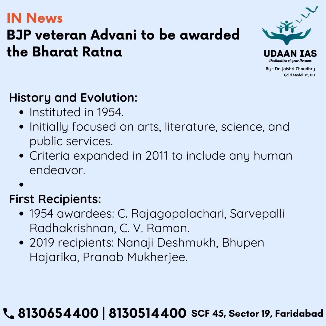 udaan_ias's tweet photo. BJP veteran Advani to be awarded the Bharat Ratna #ias #ips #upsc #hcs #HAS #HPSC #HPPSC #CSIR #SO #ASO #UPPSC #DSSB #IB https://t.co/wRfm6XhyJw
