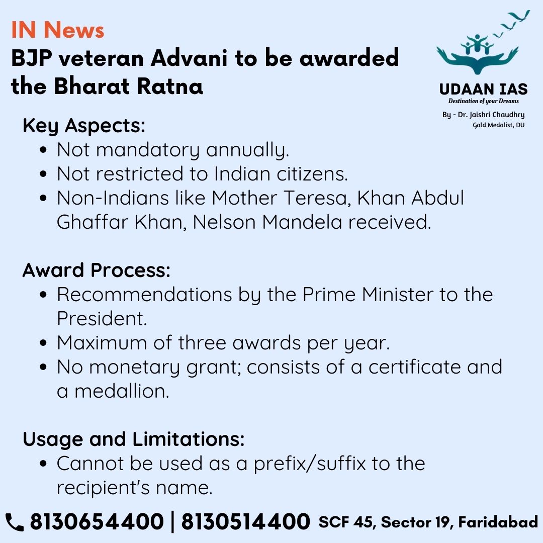 udaan_ias's tweet photo. BJP veteran Advani to be awarded the Bharat Ratna #ias #ips #upsc #hcs #HAS #HPSC #HPPSC #CSIR #SO #ASO #UPPSC #DSSB #IB https://t.co/wRfm6XhyJw