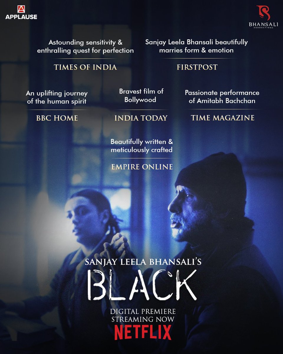 Celebrating 19 years of a story that inspired and captivated ✨ #19YearsOfBlack Watch Black's Digital Premiere! Streaming now only on @NetflixIndia #SanjayLeelaBhansali #Black @SrBachchan #RaniMukerji @ApplauseSocial @prerna982 #BlackOnNetflix #BlackAnniversary…