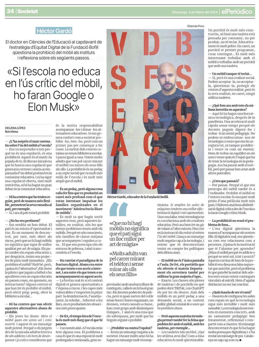 "La prohibició és un pedaç a un repte social que va molt més enllà de l’escola i és molt més ampli que el mòbil. Hem d’agafar distància i no ser tan reactius."

ENTREVISTA a <a href="/hgardo/">Héctor Gardó</a> a <a href="/elperiodico_cat/">El Periódico</a>. #EquitatDigital

elperiodico.cat/ca/societat/20…