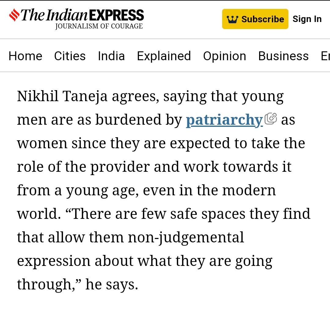 @IndianExpress It's shocking how these people blame everything on Patriarchy. Even the problems born from feminism are blamed to Patriarchy. Talking about rights of women, society shifts puts all duties on boys/men. Isn't it b'coz of #Feminism ? Why courts are granting alimony ?