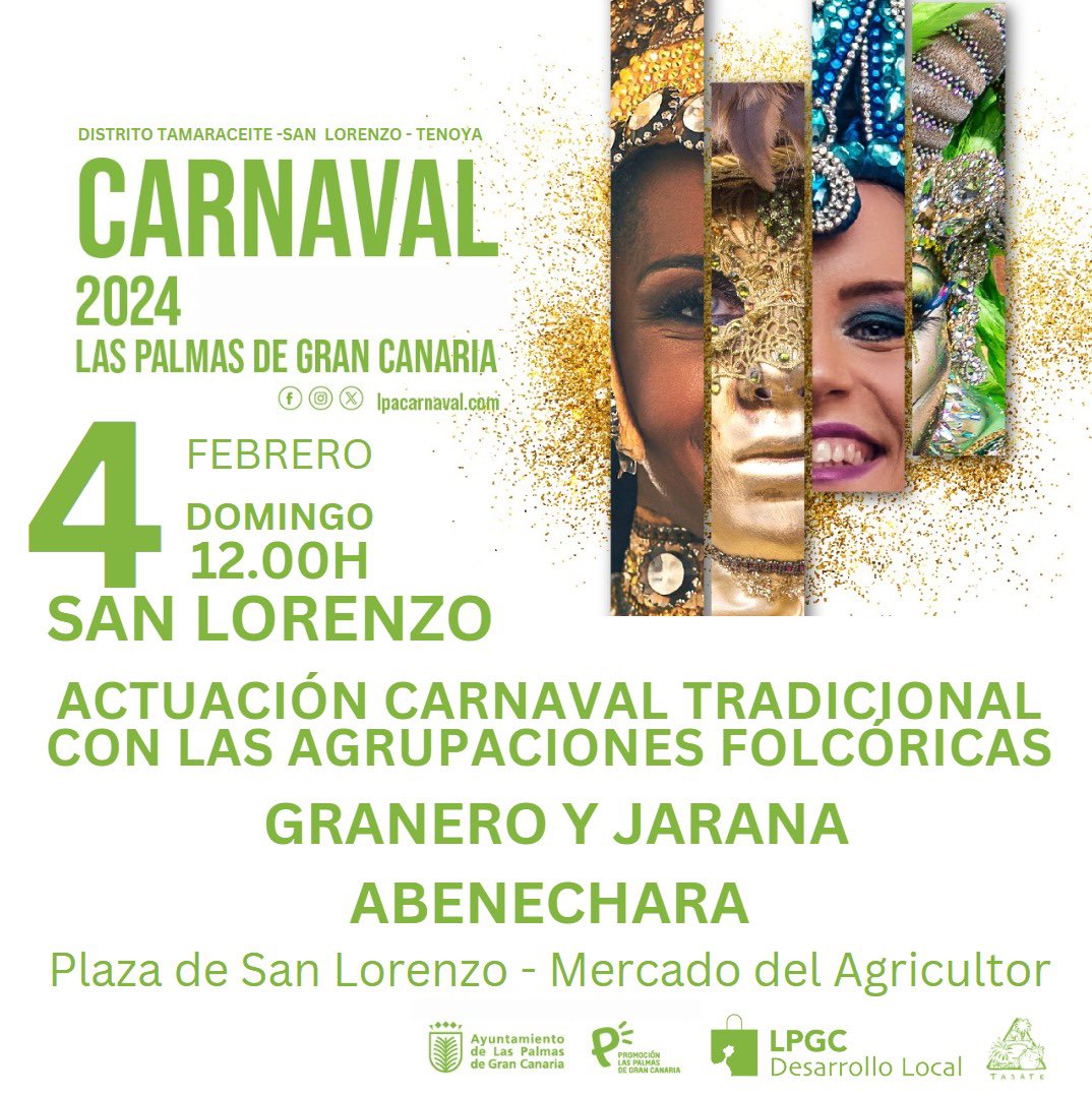🎊🎭 Hoy celebramos un Carnaval Tradicional en #SanLorenzo. A partir de las 12:00 horas, pasacalles desde la plaza hasta el Mercado Agrícola y actuación de grupos folclóricos... ¡y no faltarán las mascaritas!
¡Están todos invitados! 

#CarnavalLPGC #Tasate #LasPalmasdeGranCanaria