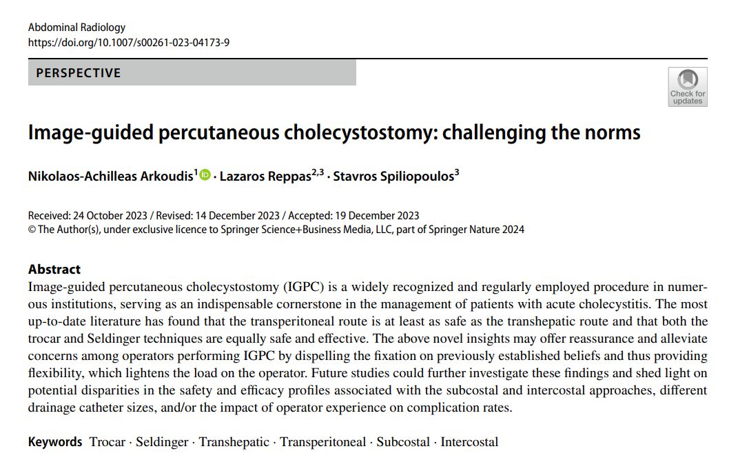 NAArkoudis's tweet photo. Just published: Discussing novel findings and future perspectives on image-guided percutaneous cholecystostomy

Fulltext access: https://t.co/ZMXbCpRzGI

#percutaneous #cholecystostomy #techniques  #transhepatic #transperitoneal #trocar #Seldinger #TROSELC #trials
@Abdominal_Rad https://t.co/tFdgpx64tG