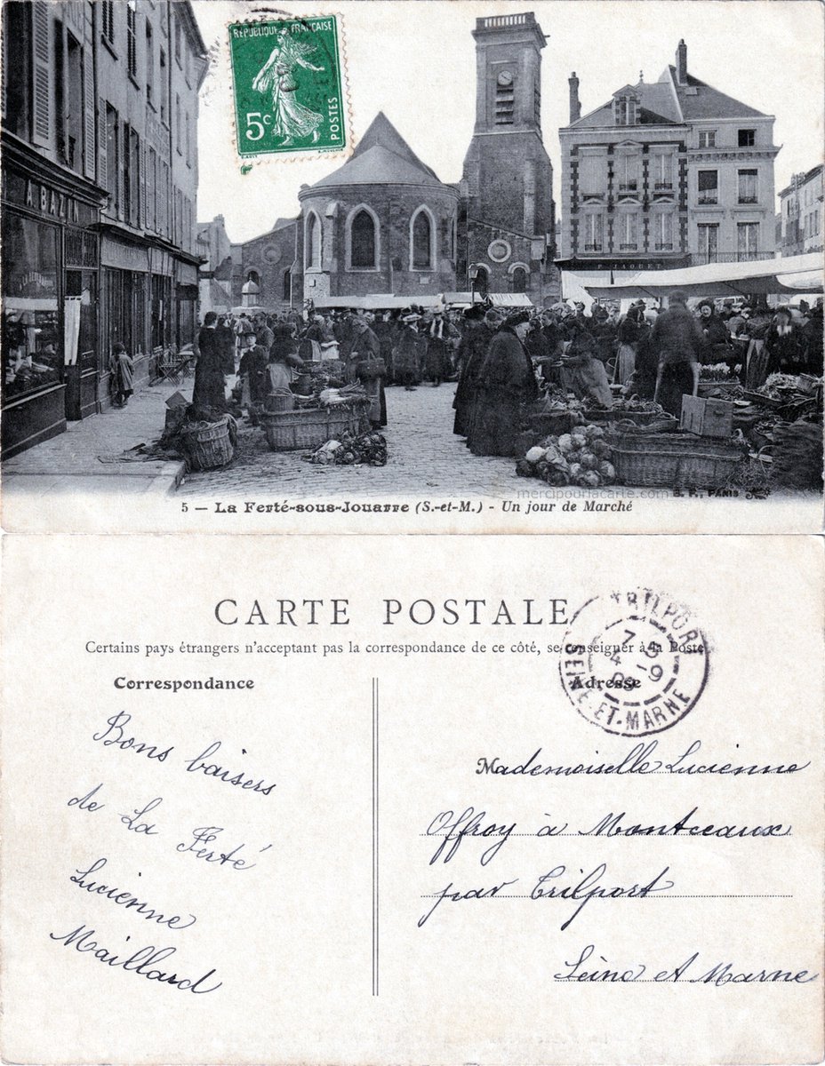 mercipourlacart's tweet image. La Ferté-sous-Jouarre - Un jour de Marché - 1909

Voir mercipourlacarte.com/picture?/7372/

Edit. B. F., Paris

#abside #boutiques #chalands #choux #clocher #église #foule #LaFertésousJouarre  #LaFertesousJouarre #marché #jourdemarché #paniers #place #SeineetMarne 
#CartePostaleSeinetMarne