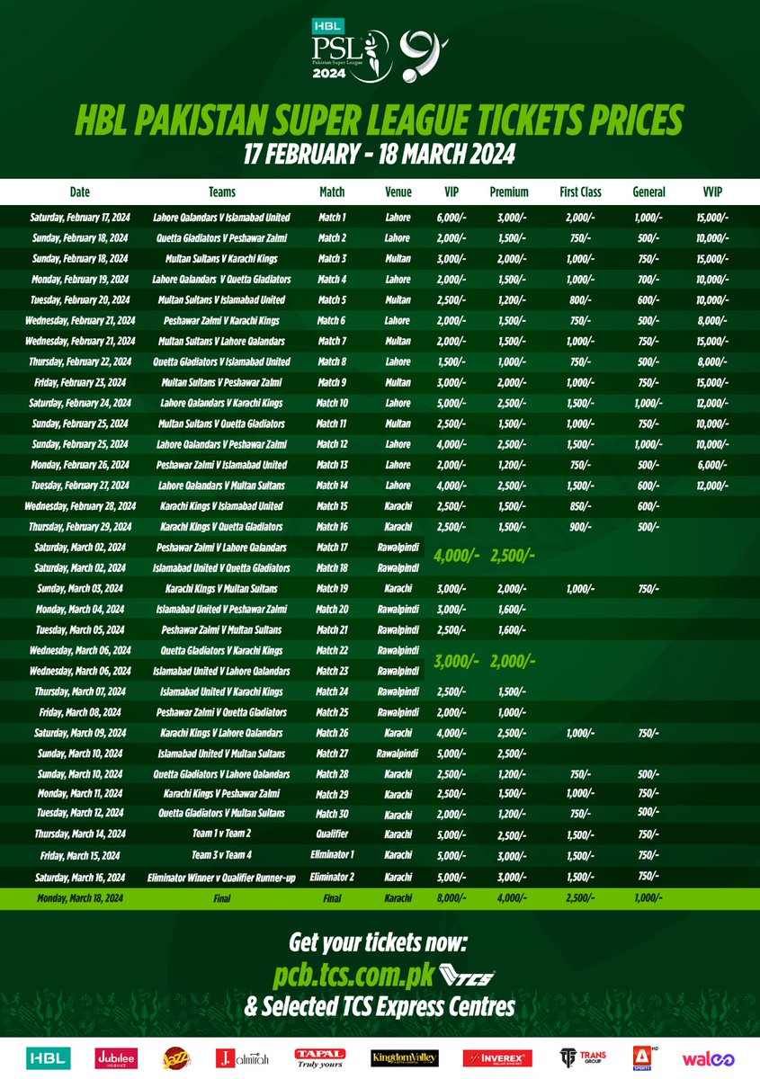 Its_Sani56's tweet photo. Ticket sales for HBLPSL 9 will begin on February 6 at 5 PM.
PCB has announced the ticket prices. #HBLPSL9 #PeshawarZalmi #LahoreQalandar
#IslamabadUnited #MultanSultan
#KarachiKing #QuettaGaldiators https://t.co/8mOlfCWjCa
