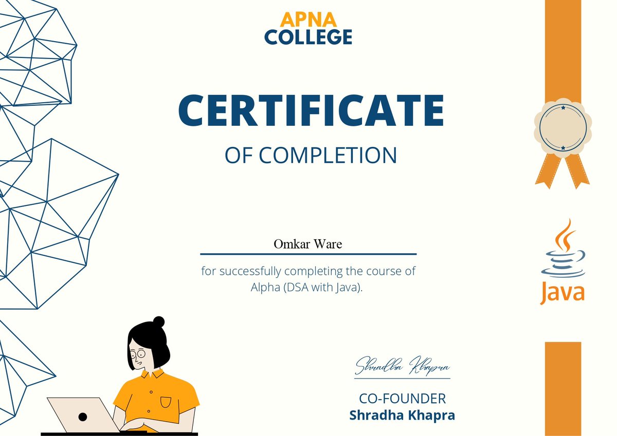 omkar_ware13's tweet image. I have completed the ALPHA (DSA with Java) course from @ApnacollegeX
.
.
.
#JavaFundamentals #ProblemSolving #DataStructures #Algorithms #SoftwareDevelopment #CareerGrowth #ContinuousLearning