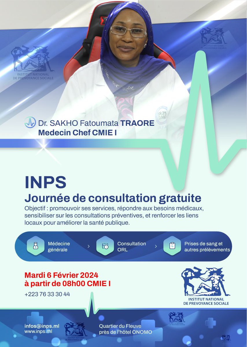 #INPS
Ensemble, faisons de la santé une priorité ! Rejoignez-nous le mardi 06 Février 2024 pour des consultations médicales gratuites avec la CMIE 1. Votre bien-être nous concerne tous ! #Santé #CMIE1 #ConsultationsGratuites”