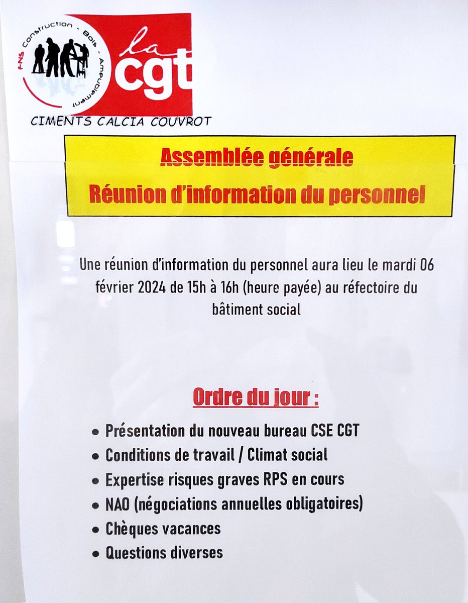 CalciaCgt's tweet photo. Assemblée générale ✊
Depuis la reprise du travail après la #greve de 54 jours pour les mauvaises conditions de travail et le mauvais climat social, la #cgt #calcia Couvrot constate:  les problèmes non seulement persistent et s'amplifient par la faute à une direction revancharde https://t.co/FPsJd0sF8W
