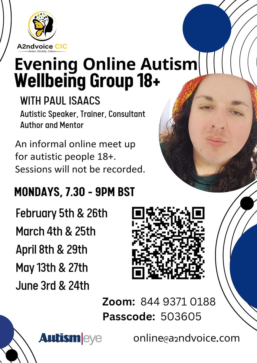 Join @PaulIsaacs22 tomorrow Mon 5 Feb 7.30 - 9pm Informal online meet up. Not being recorded. autismeye.com/event/evening-… #autisticadults #mentalwellbeing #sensory #latediagnosed