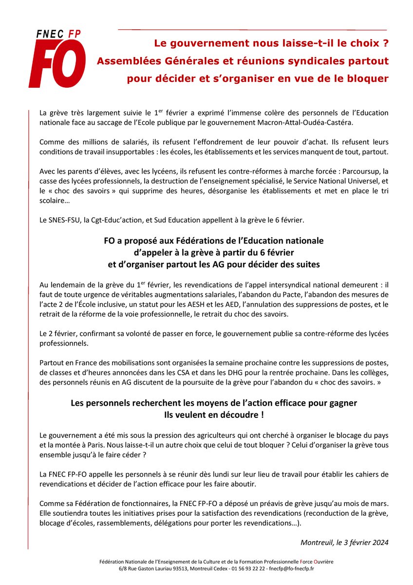 SNFOLC_national's tweet photo. Le gouvernement nous laisse-t-il le choix ? Assemblées Générales et réunions syndicales partout pour décider et s’organiser en vue de le bloquer.
#FO a proposé aux Fédérations de l’Education nationale d’appeler à la grève à partir du #6fevrier et d’organiser partout les AG. https://t.co/T4ysN20B07