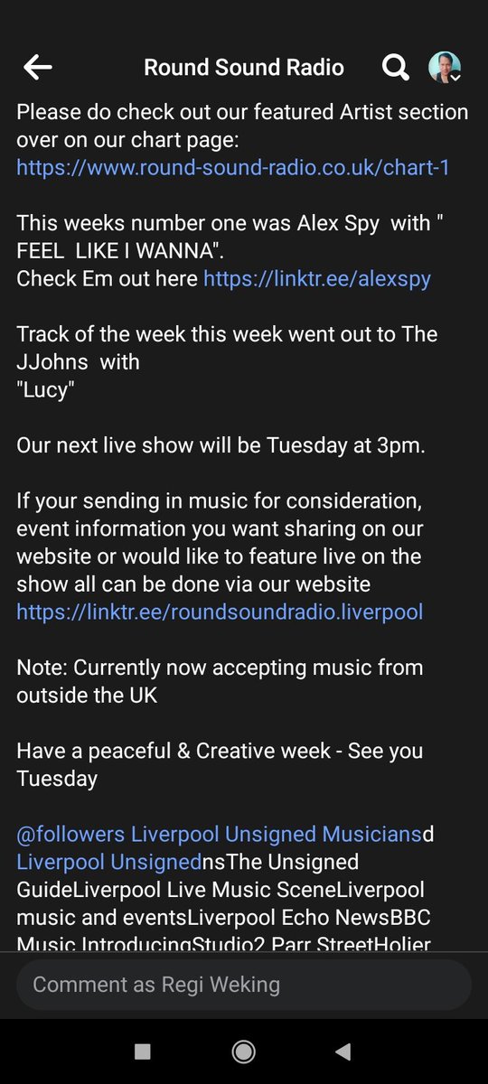 WekingRegi's tweet photo. Thank you so much , Doug ( Douglas Fraghan ) &amp; @ROUNDSOUNDRADIO  in Liverpool - UK for playing my music
.
.
#ThankGOD 
#ThanksGOD 
#PujiTUHAN 
#RoundSoundRadio 
#RSR 
#DouglasFraghan
#DougFraghan 
#RegiWeking 
#HelloMyDarling
#IndonesianSinger 
#IndonesianSongwriter 
#Indonesia https://t.co/5FEQwQ9dSa