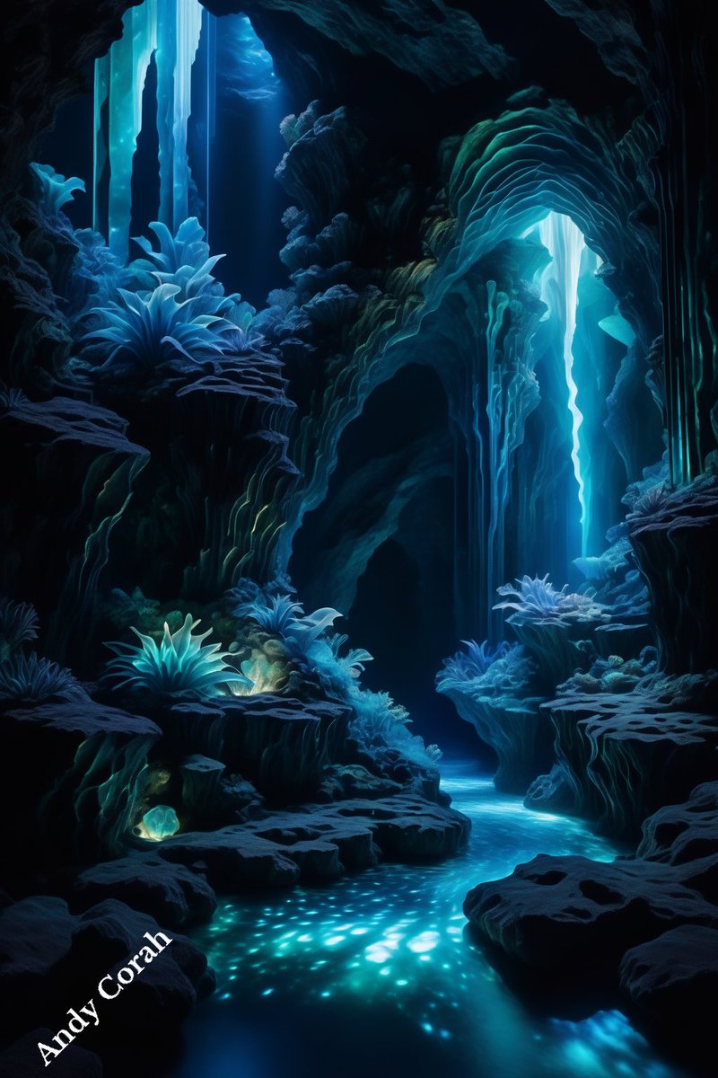 andy_corah's tweet photo. 🎥Inspired by "Journey to the Center of the Earth" #ChildhoodFantasy from my archival. A #mythical caverns #illuminated by #bioluminescent wonders. Delicate #patterns unfold in an enchanting palette. #AIart #AbstractJourney #art #AIartwork #aiartcommunity #painting #subterranean https://t.co/B8Xsz9UAJn