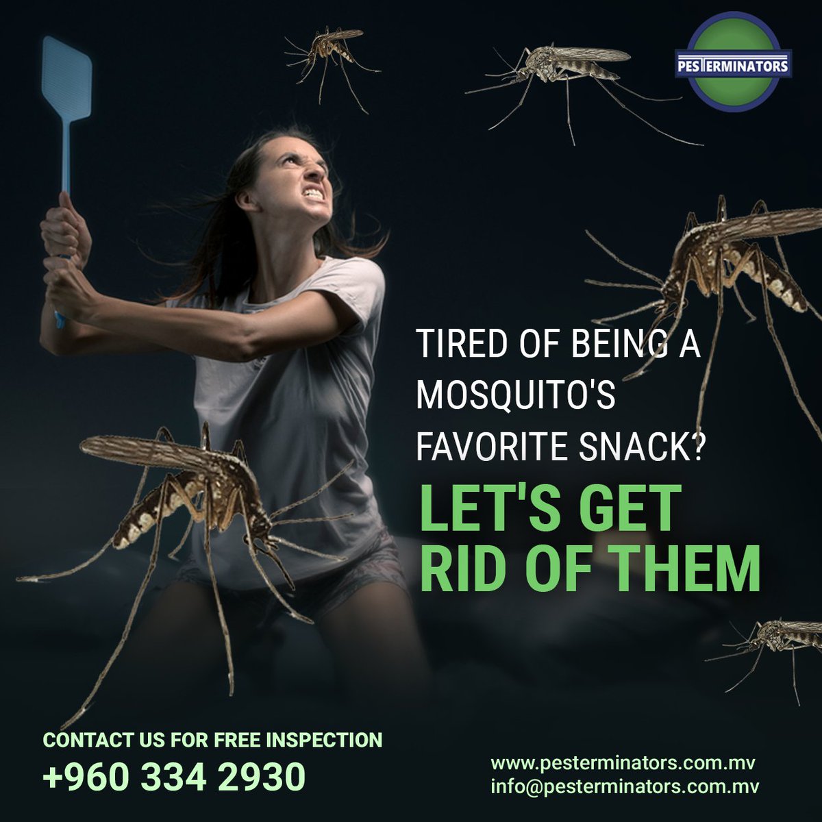 Tired of being a mosquito's favorite snack?
Let's get rid of them!

Contact us for Free Inspection at +960 3342930

#Pesterminators #MosquitoPrevention #OutdoorFun #MosquitoFreeSummer #EffectiveSolutions #TailoredToYourNeeds #ComfortAndSafety #Maldives #PestControl #EcoFriendly