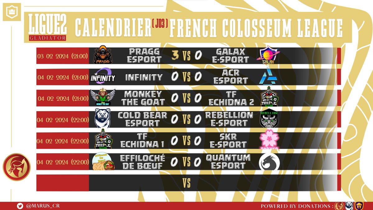 Marus_CR's tweet photo. [ 𝑭𝑹𝑪𝑳 𝑺𝒆𝒂𝒔𝒐𝒏 𝟔 - 𝑳𝒊𝒈𝒖𝒆 𝟐 𝑮𝒍𝒂𝒅𝒊𝒂𝒕𝒐𝒓𝒔 ]

Voici les matchs de la 𝟛𝕖̀𝕞𝕖 𝕁𝕠𝕦𝕣𝕟𝕖́𝕖 !  

Pour suivre la compétition : 📲⬇️
https://t.co/diLk5bwJJI 

#MARUS #FRCL #ClashRoyale https://t.co/sia91CPlVO