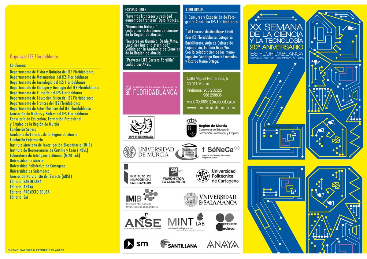 XX SEMANA DE LA CIENCIA Y LA TECNOLOGÍA del <a href="/iesflori/">ies floridablanca</a> 
¡Empieza la cuenta atrás!
Una semana repleta de conferencias y talleres a cargo de grandes personalidades del ámbito científico  

¡Qué mejor forma de despertar y cultivar las vocaciones científicas entre nuestros jóvenes!