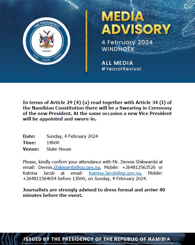 Zim Young Grads & Youth Development (@zimygyd_forum) on Twitter photo Following the death of President <a href="/hagegeingob/">Dr Hage G. Geingob</a>, a New President will be sworn in today and a New Vice President will be appointed and Sworn in. Following the death of President <a href="/hagegeingob/">Dr Hage G. Geingob</a>, a New President will be sworn in today and a New Vice President will be appointed and Sworn in.