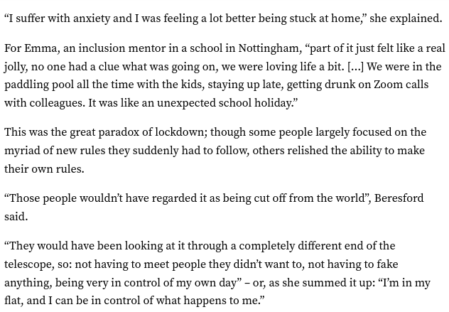 got a big piece in the i - online today, print tomorrow - on the quarter of people who say they were happier in lockdown: I sat in on a focus group with some of them, spoke to a therapist, and generally tried to figure out where they were coming from: inews.co.uk/news/politics/…