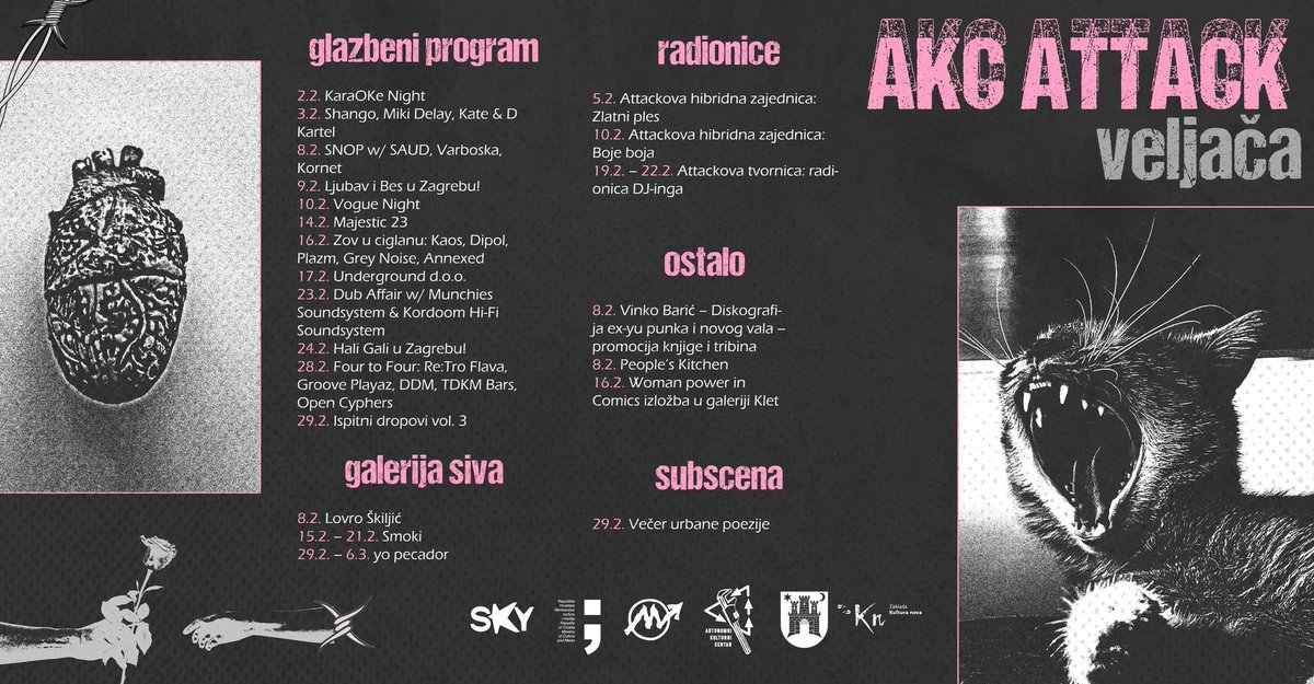 AKCAttack's tweet photo. ⚡️📢   Izašao je i novi program za veljaču. Opširnije o svemu na našem webu 👉https://t.co/JRHKCYAHOc 🦄💃 https://t.co/OWKjgrZAAy