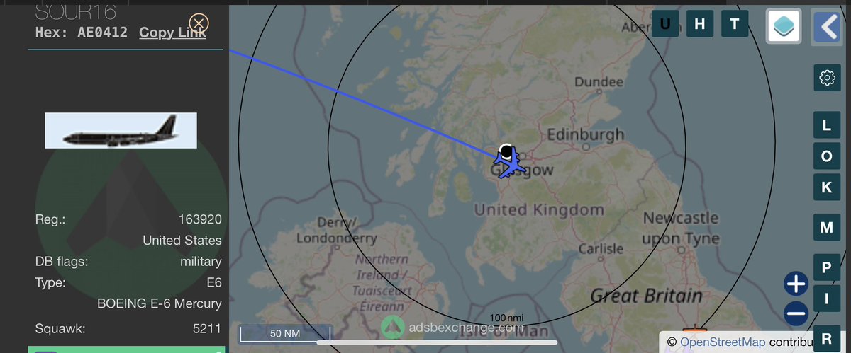 Interesting movement on a Sunday morning with a USAF E-6 Mercury Airborne Command Post and Communications Relay platform callsign SOUR16 currently transiting over the U.K. 👀 #AvGeek #RadioGeek #MilMonWorld