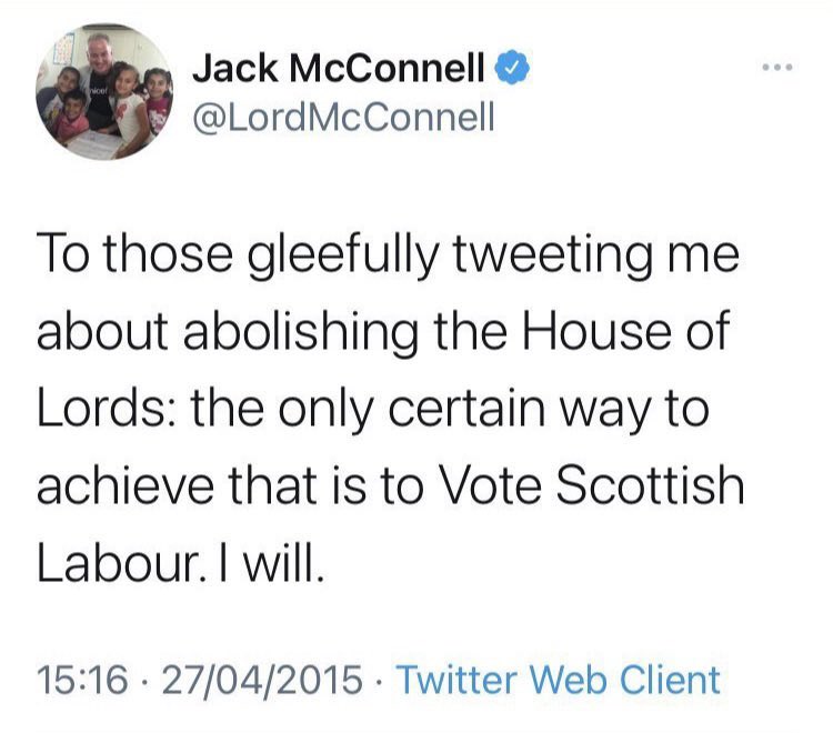 davidbirkettsnp's tweet photo. When weighing up the inevitable promises from @Keir_Starmer and @AnasSarwar it might be worth remembering this one from @LordMcConnell.

Who, far from seeing the House of Lords abolished. “Gleefully” accepted a Title, Seat and Ermine Cloak!

How very “workers party” of him. https://t.co/9d4A06ap20