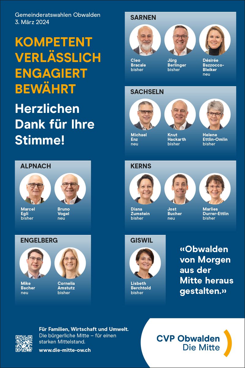 Wir freuen uns ab morgen unsere Kandidatinnen und Kandidaten für die Gemeinderatswahlen vom 3. März genauer vorzustellen. 

#Obwalden #Abst24 #Gemeinderat