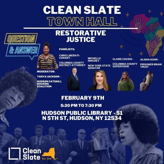 Hudson Fam, we're hosting a #CleanSlate Town Hall on Friday 2/9 at the Hudson Public Library from 5:30-7:30 to answer all your questions about restorative justice. RSVP: buff.ly/3UJHy1R