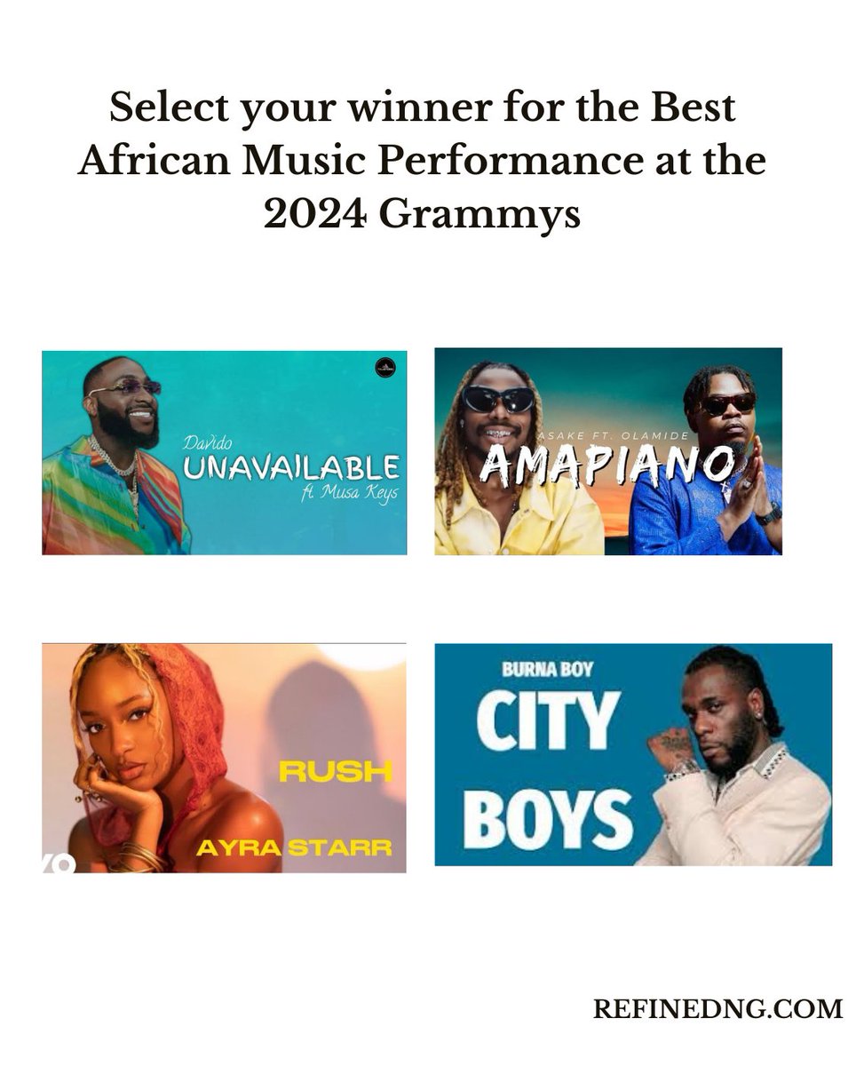 Who do you think will bring the award home?

@davido
@burnaboygram 
@asakemusic 
@ayrastarr 
@recordingacademy

Refinedng.com

#refinedng #grammys #grammy2024 #music #africanmusic #proudnaija #winner #AWARD