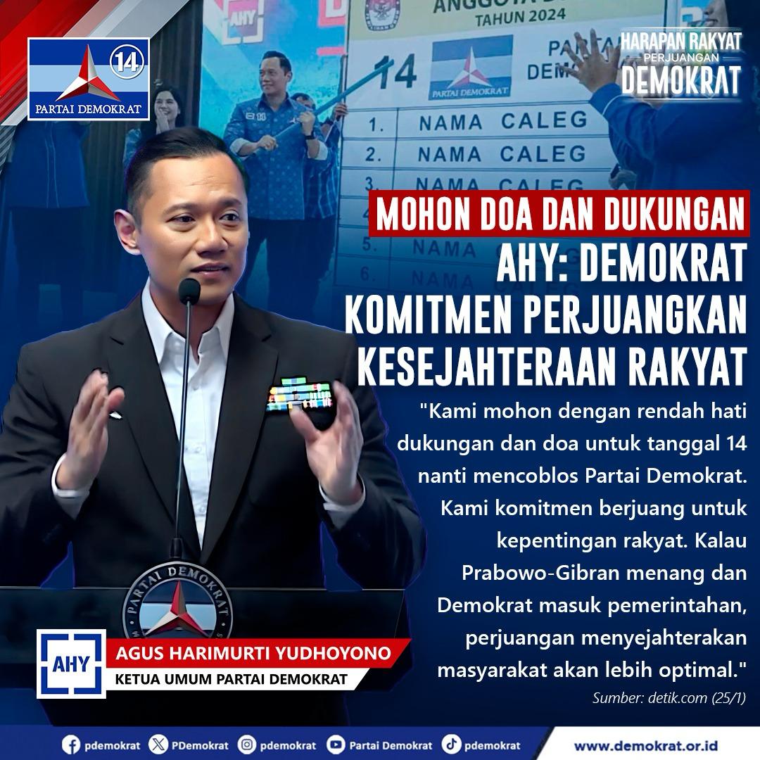 "Kalau Prabowo-Gibran menang dan Demokrat masuk pemerintahan, perjuangan menyejahterakan masyarakat akan lebih optimal." - AHY -

#DemokratS14P
#HarapanRakyatPerjuanganDemokrat