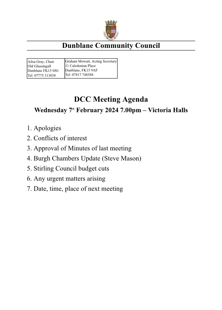 Dunblane Community Council will be meeting on Wednesday 7 February at 7pm in Victoria Hall, Stirling Road.  All are welcome.