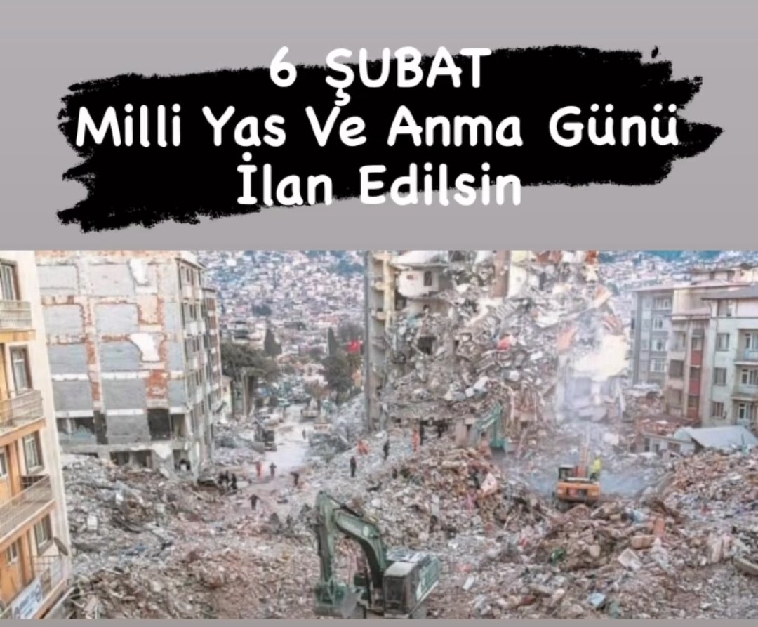 6 şubat milli yas ilan edilsin okullar kamu tatil edilsin. Depremzedeler mezarlık ziyaretlerini yapıp kayıplarını yâd etsin. Paylaşın lütfen 
#Kahramanmaras #Hatayantakya #deprem #RecepTayyipErdoğan #aliyerlikaya #Akparti #TBMM #içişleribakanlığı #gökhanzan #SonDakika #6subat