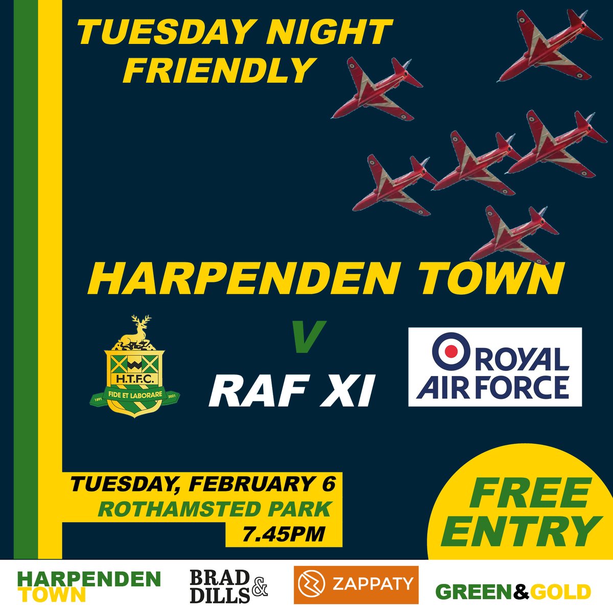 🟢🟡TUESDAY NIGHT FRIENDLY

We're really looking forward to welcoming the RAF XI to Rothamsted Park for a prestigious friendly on Tuesday.

The RAF are warming up for their inter-services games against the Army and Navy next month, so it'll be a tough game.

Free entry.

<a href="/RAFSRT/">RAF Senior Representative Team (Men)</a>