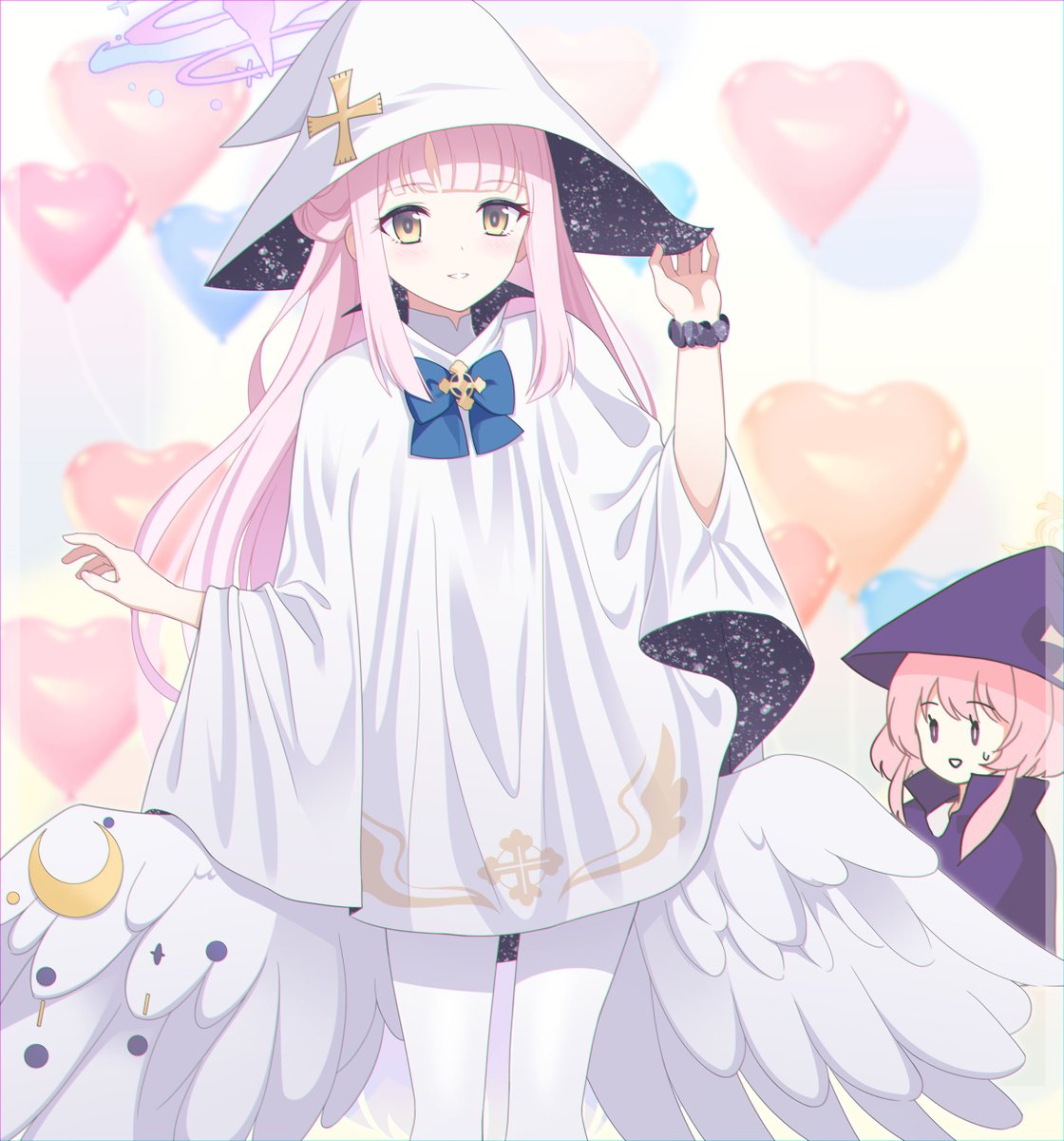 mika (blue archive) pink hair multiple girls 2girls hat witch hat wings wrist scrunchie  illustration images